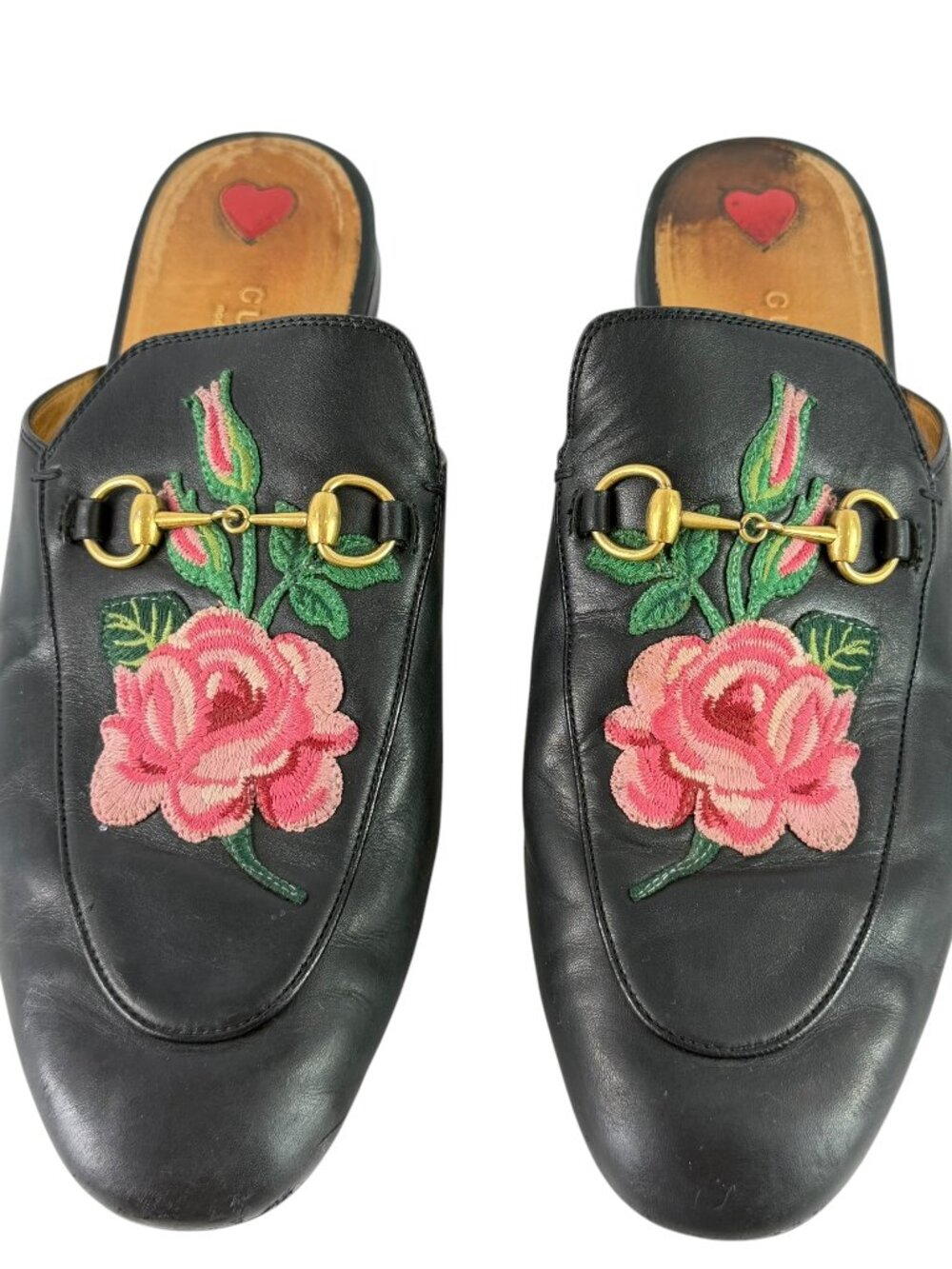 GUCCI Black Leather Horsebit Embroidered Flower Princetown Slippers 41 - 11 US